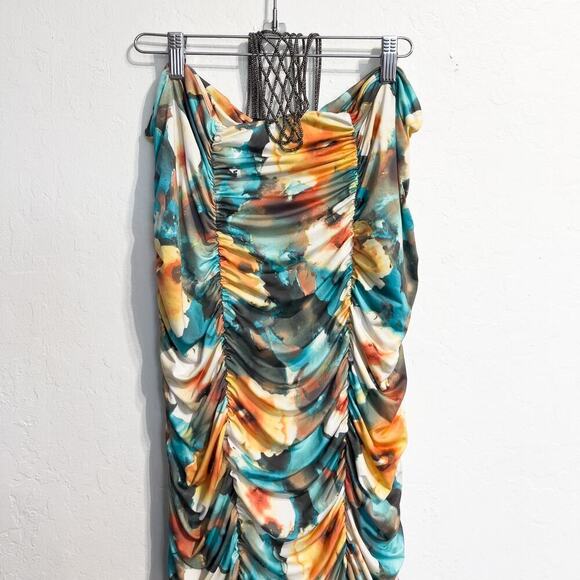 Vintage Baby Phat 1X Dress Y2K Abstract Print Gathered Mini Beaded Blue Orange - Picture 6 of 11